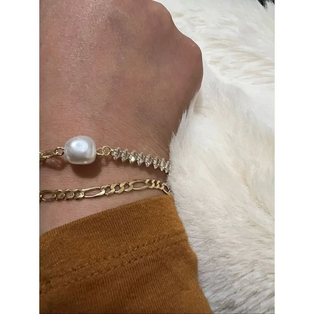 18k Gold filled “ Found her” Pearl bracelet with Marquise CZ paper clip chain